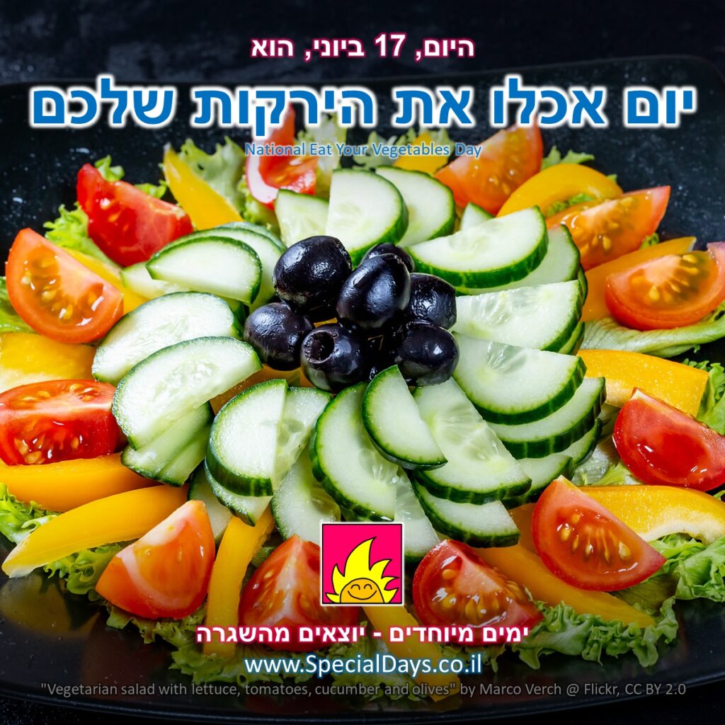 יום אכלו את הירקות שלכם: סלט ירקות עם חסה, עגבניות, מלפפונים וזיתים.