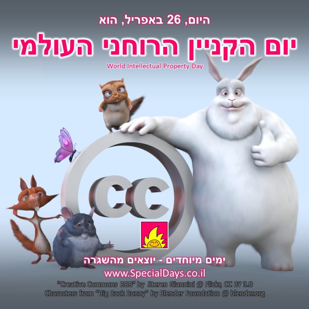 יום הקניין הרוחני העולמי: דמויות מהסרט Big Buck Bunny אשר שוחרר תחת רישיון Creative Commons המאפשר שימוש ביצירה תמורת רישום קרדיט, כמו הקרדיט שרשמתי בתחתית התמונה.